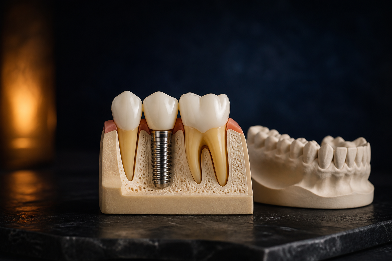Imagem ilustrativa de modelo odontológico com implante